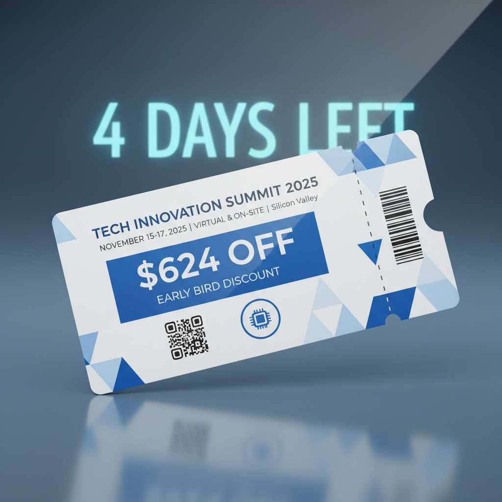 A sleek digital ticket for a tech conference, clearly showing a significant discount amount (e.g., "$624 OFF"), with a subtle countdown timer in the background indicating "4 days left". Clean graphic design, no text.