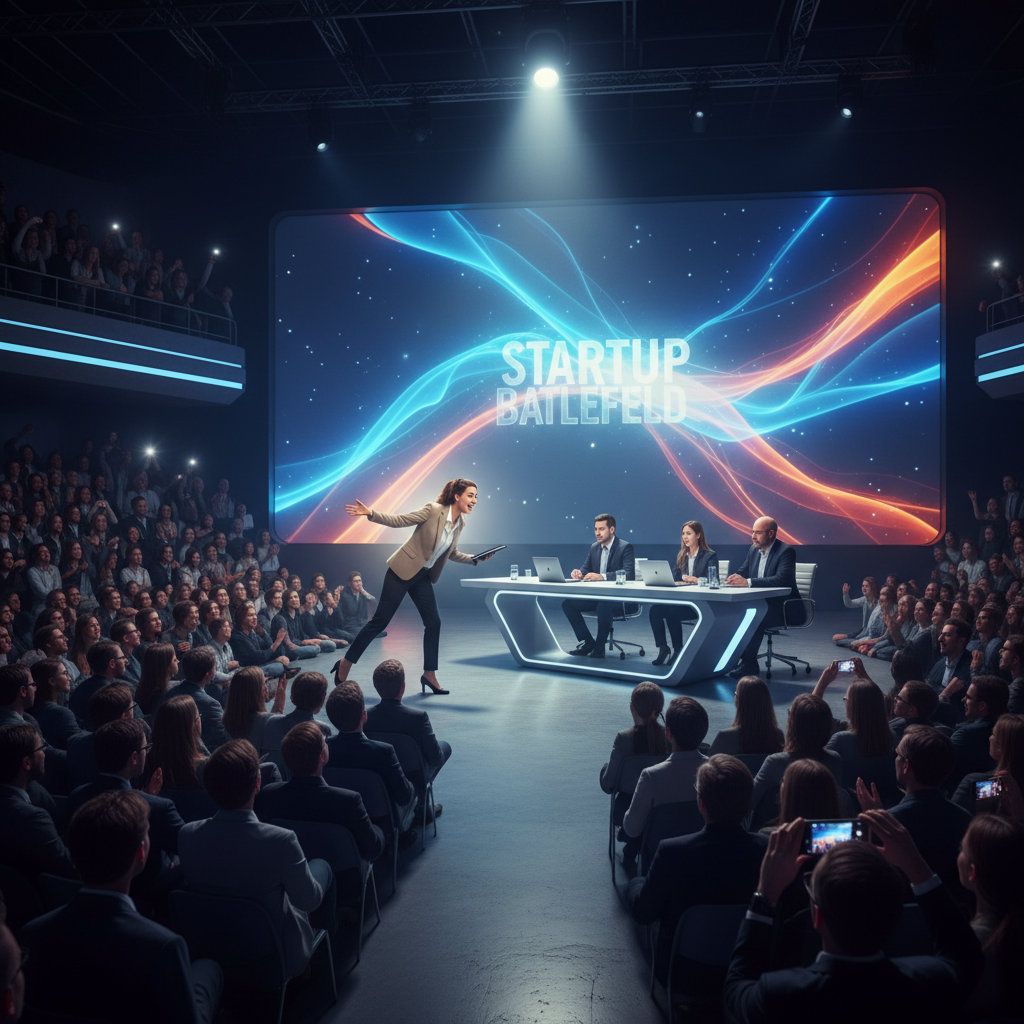 An energetic scene of an early-stage startup founder pitching their idea on a large stage to a panel of judges and a captivated audience. Bright spotlight, modern stage design, "Startup Battlefield" faintly visible. Lifestyle photography, no text.