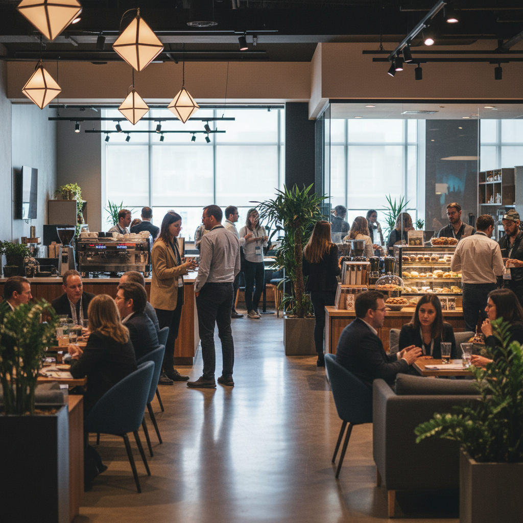 Diverse professionals, including founders and investors, engaged in focused networking conversations at a dedicated cafe area within a large conference. Modern, inviting atmosphere, light reflections, no text.