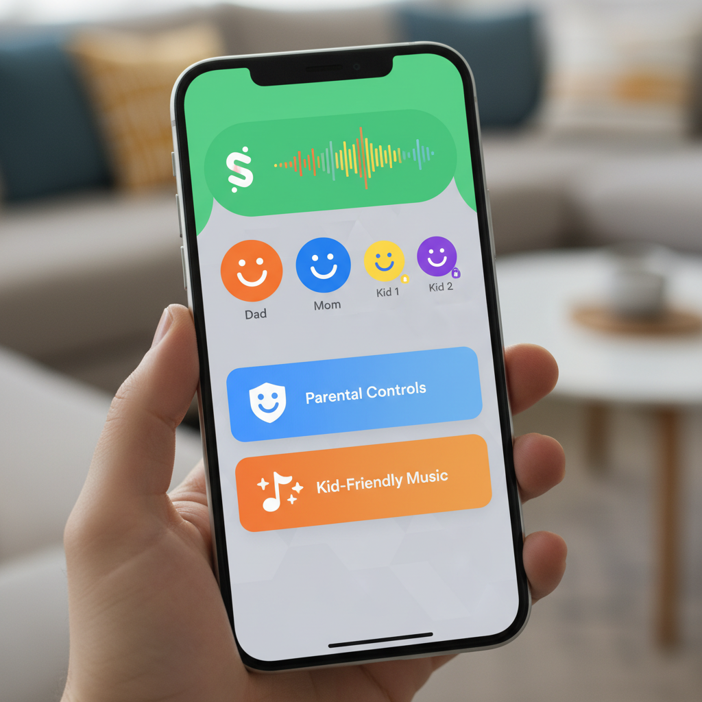 A smartphone screen showing Spotify's family account management interface with parental controls and kid-friendly music options. Clean, modern app design with colorful icons and user-friendly layout. No text in image.