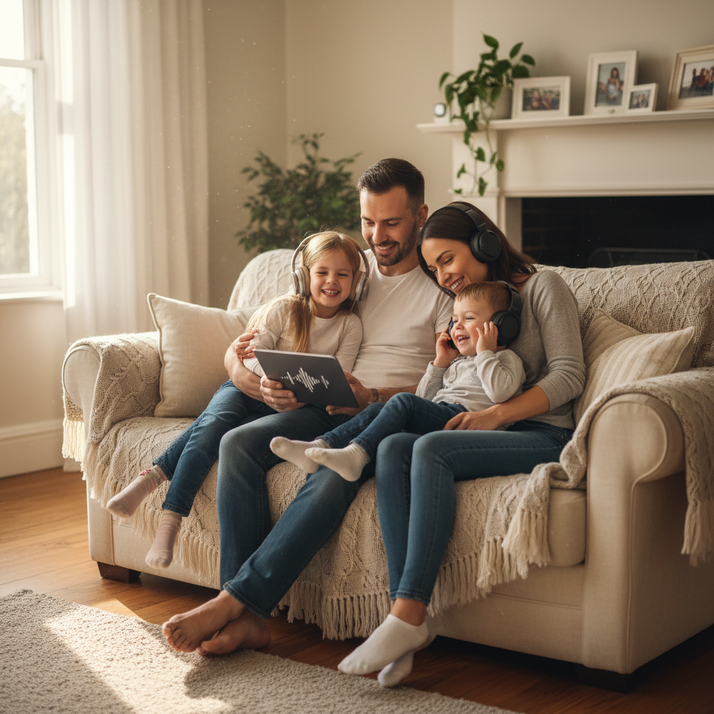 A warm family scene with parents and young children listening to music together using headphones and a tablet. Cozy living room setting with natural lighting and happy expressions. Lifestyle photography style, no text in image.