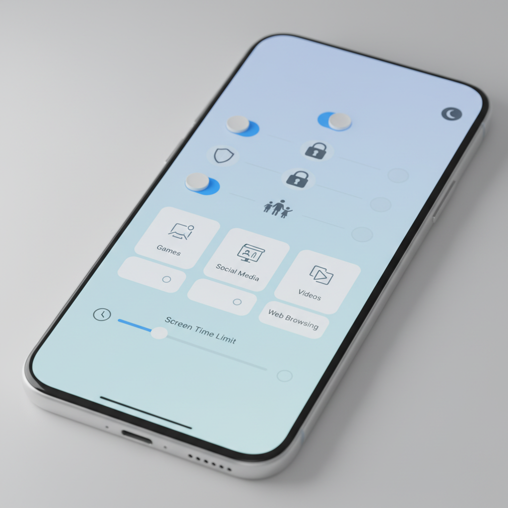 A close-up of smartphone showing parental control settings with toggle switches and content filtering options. Clean interface design with safety icons and user-friendly controls. Modern app UI style, no text in image.
