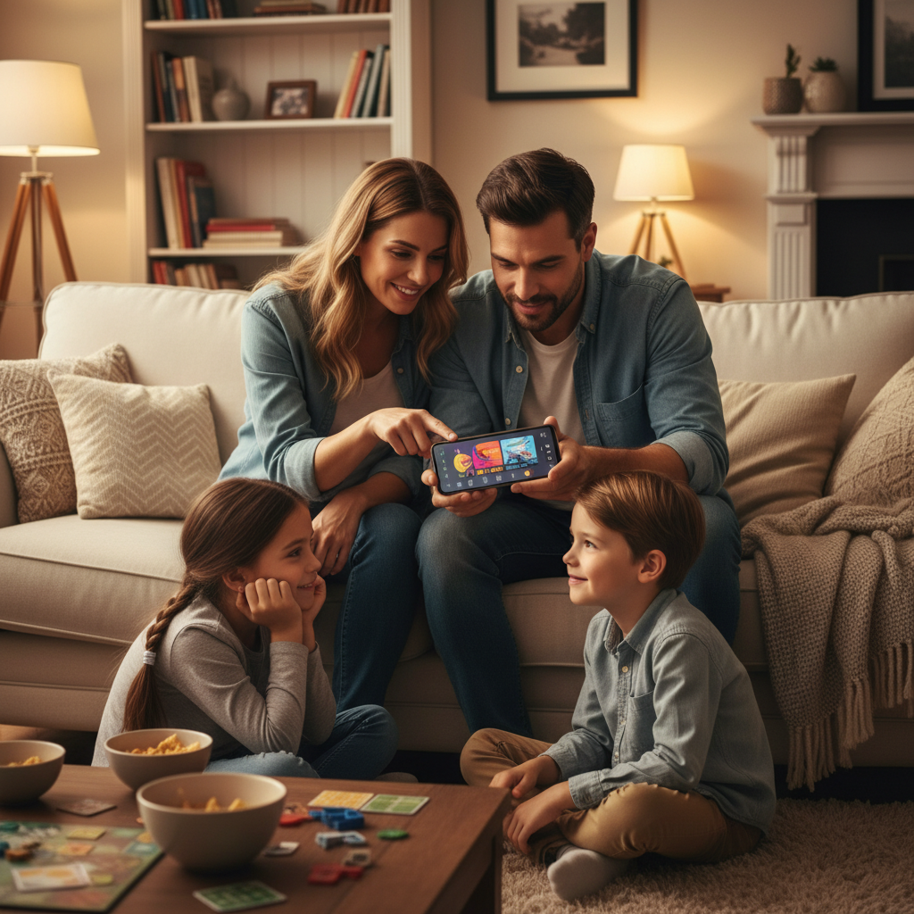 A family scene with parents helping set up a music streaming app on smartphone while children watch. Warm indoor lighting, comfortable home environment, collaborative atmosphere. Lifestyle photography, no text in image.