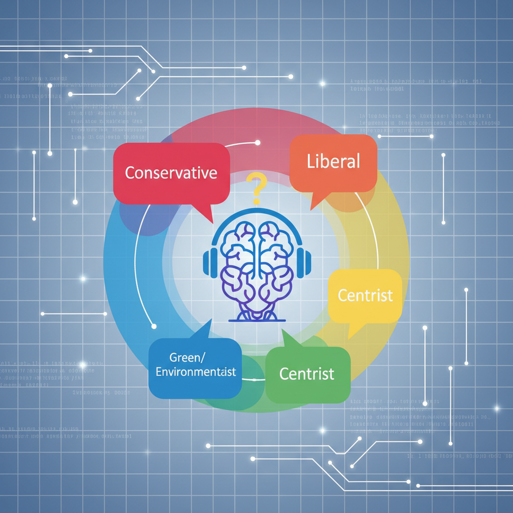 An infographic illustrating an AI chatbot with a subtle question mark regarding political neutrality, showing diverse political viewpoints as overlapping speech bubbles around it. The background is clean and modern, representing data and algorithms. Style: clean infographic. No text.