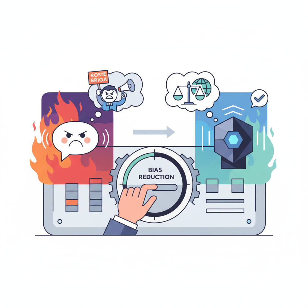 A stylized illustration of an AI algorithm being adjusted. On one side, a chatbot mirroring a user's emotional political language, and on the other, a neutral, objective AI tool. Show a human hand adjusting a dial or switch labeled "bias reduction". Style: clean infographic. No text.