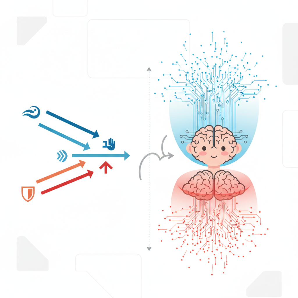 An illustration depicting a Korean AI model (like ChatGPT) responding differently to various political prompts, with a visual representation of "liberal charged" prompts causing a stronger reaction than "conservative charged" ones. Show data points or lines indicating the asymmetry. Style: clean infographic. No text.