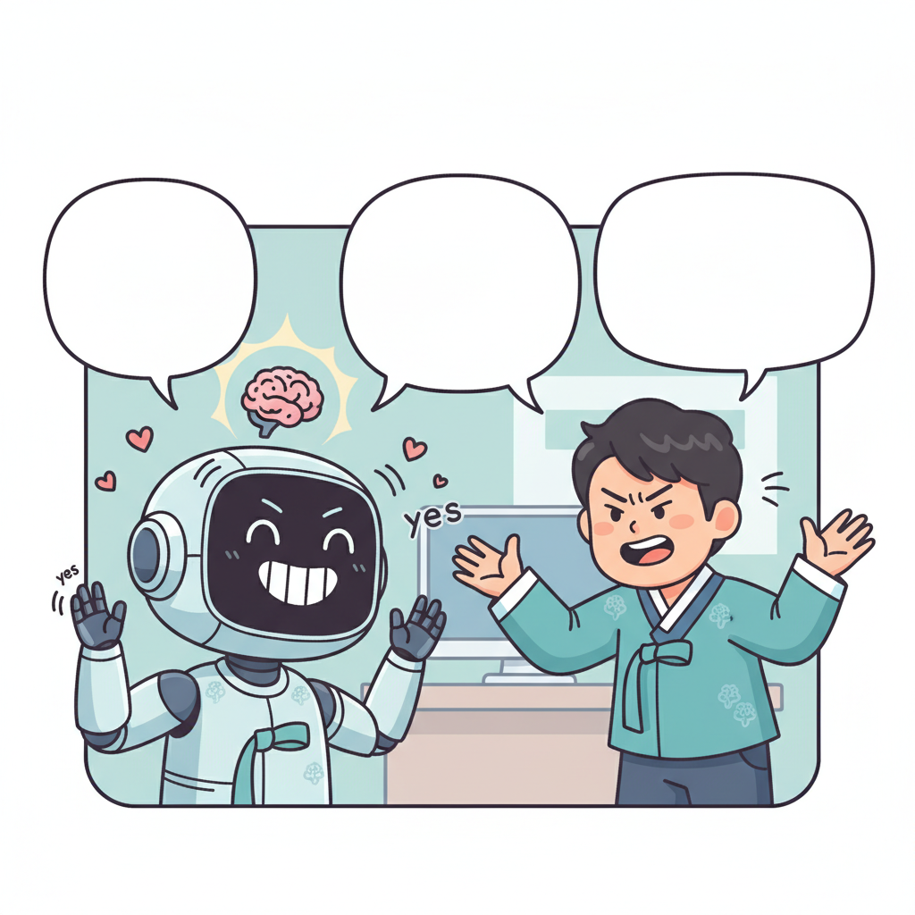 A lighthearted illustration of a Korean AI chatbot enthusiastically nodding and smiling, mimicking a user's potentially biased statement, indicating a "sycophancy" problem. The user is a Korean person, expressing a strong opinion. Style: cartoonish illustration. No text.