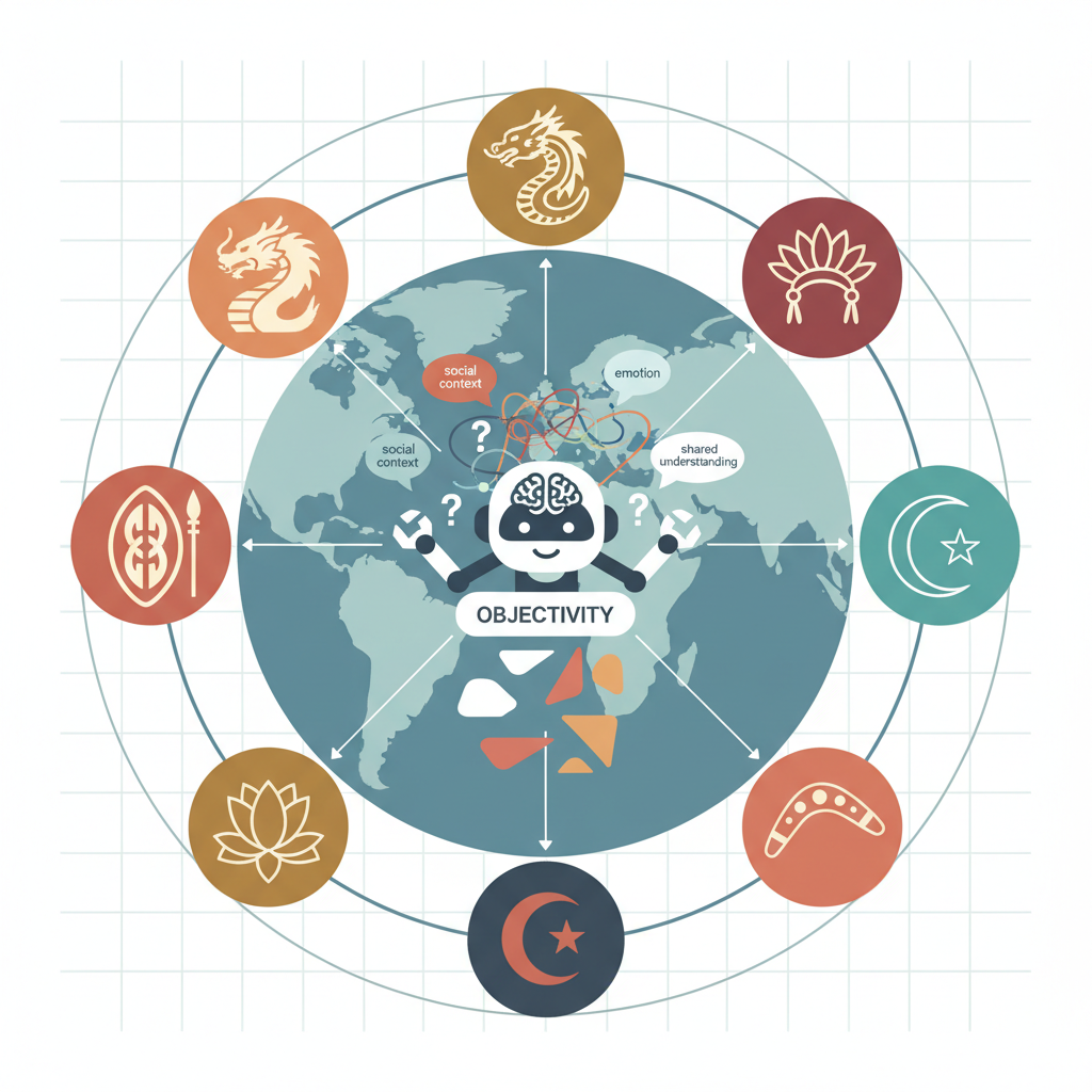 An infographic showing a world map with different cultural symbols around it, and an AI chatbot in the center trying to navigate various communication norms and definitions of "objectivity." Emphasize cultural diversity. Style: clean infographic. No text.
