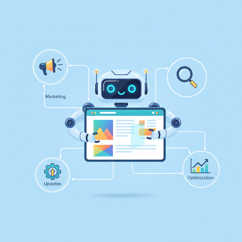 A clean infographic style illustration showing an AI robot building a website autonomously, with lines connecting to concepts like 'marketing,' 'updates,' and 'optimization.' The robot is friendly, and the website has modern elements. No text.
