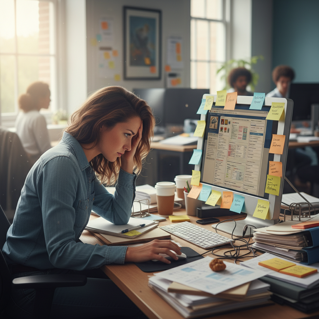 A lifestyle photography scene of a frustrated marketer looking at a complex, outdated website interface on a computer screen, surrounded by stacks of papers and sticky notes, implying a slow manual process. Natural office lighting. No text.