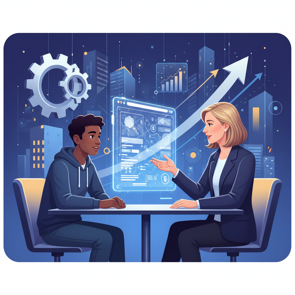 An illustration in a modern, professional style depicting Sheryl Sandberg in a discussion with a startup founder, gesturing towards a futuristic website interface. The background suggests innovation and investment. No text.