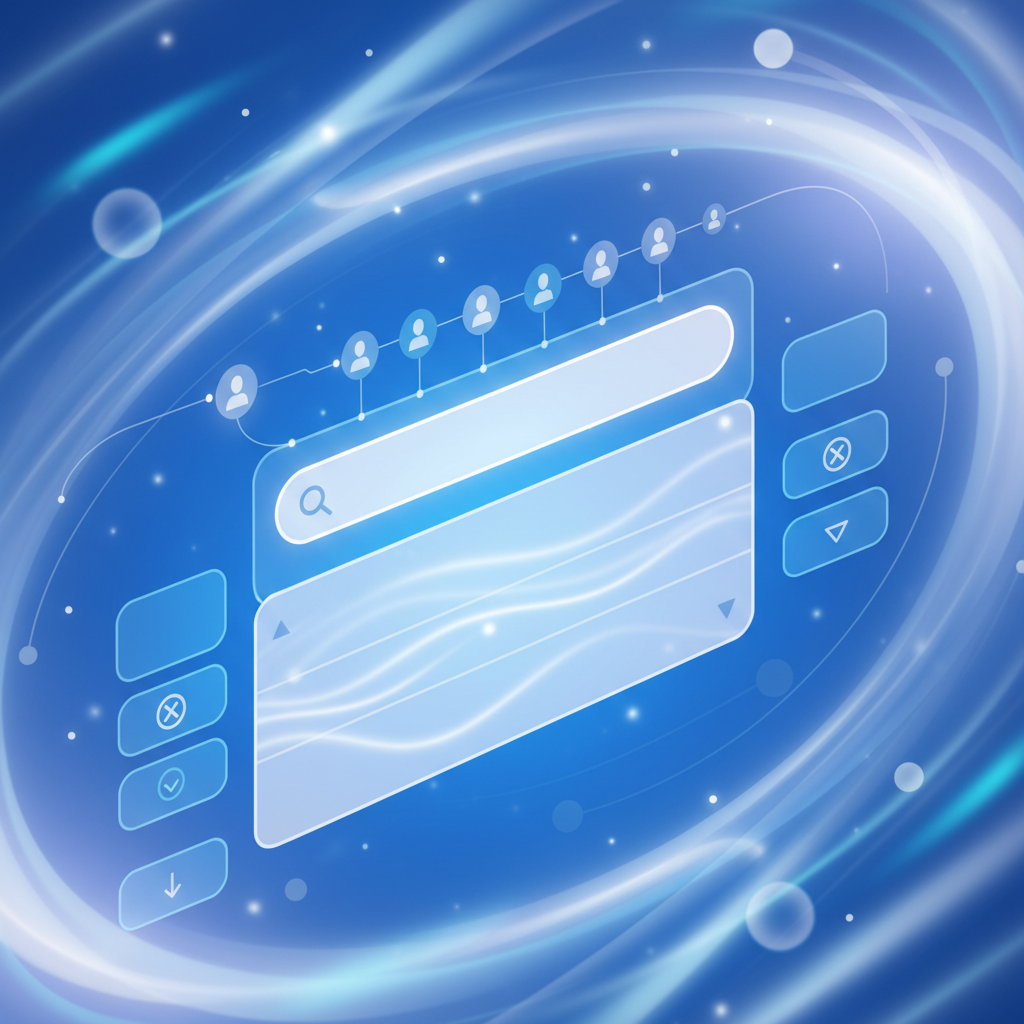 A futuristic clean infographic showing Google Search interface with AI elements, collapsible ad sections, and user icons. The scene should convey innovation and user control over search results. Minimalist design, vibrant blue and white colors. No text.