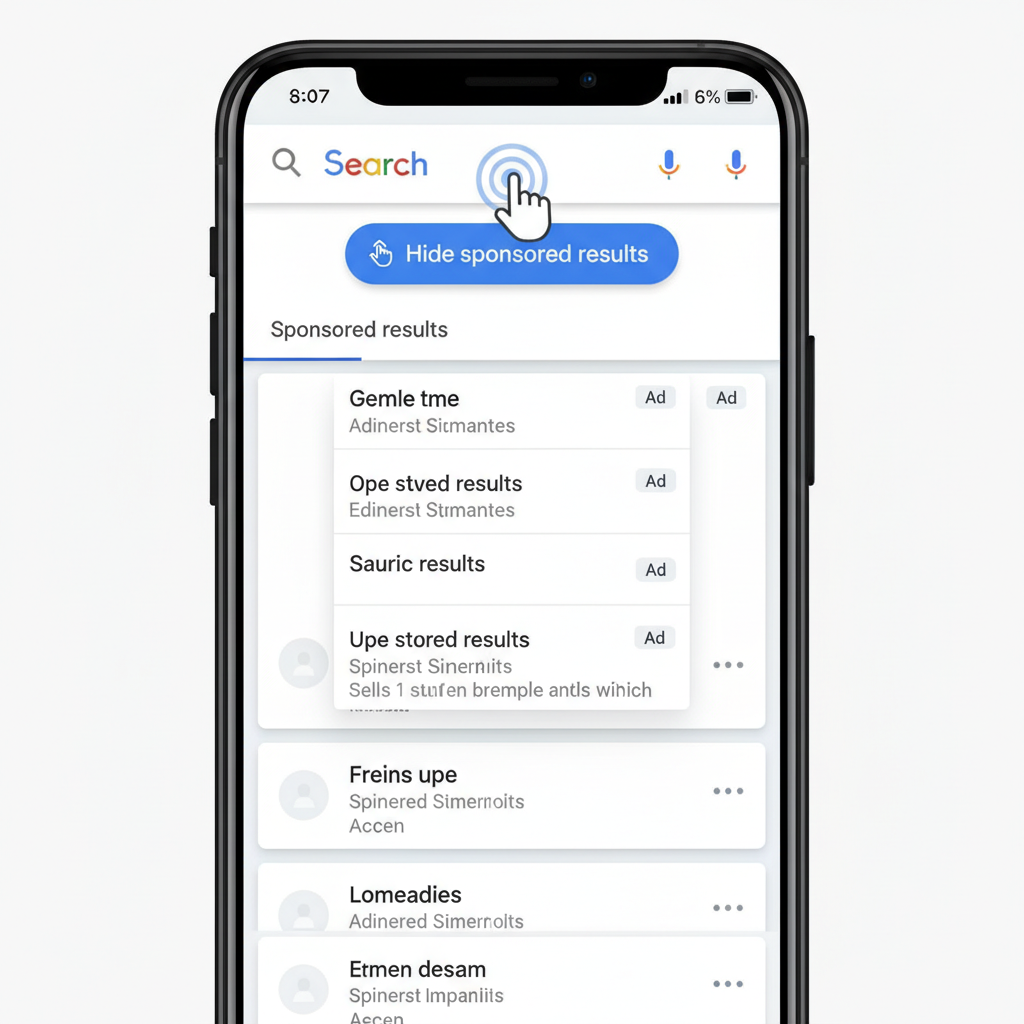 A user interface screenshot simulation of Google Search results on a mobile phone. A "Hide sponsored results" button is being tapped, causing the ad section at the top to collapse, but a small "Sponsored results" label remains visible as the user scrolls. Clean, modern UI design. No text.