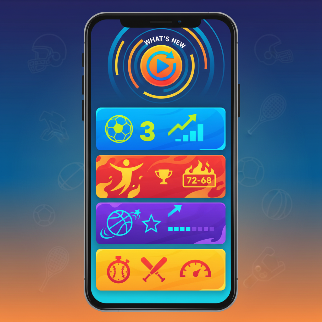 A dynamic mobile app interface showing a "What's New" button for sports updates on Google Search. Below it, a feed of trending news articles and scores related to a sports team or player is displayed. Energetic, vibrant colors, clear sports icons. No text.