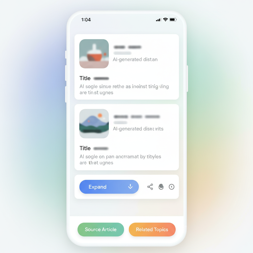 A modern mobile app screenshot of Google Discover feed, featuring short AI-generated previews of trending topics. Users can expand these previews for more details, with various links to explore further content. Smooth, intuitive interface, soft colors. No text.