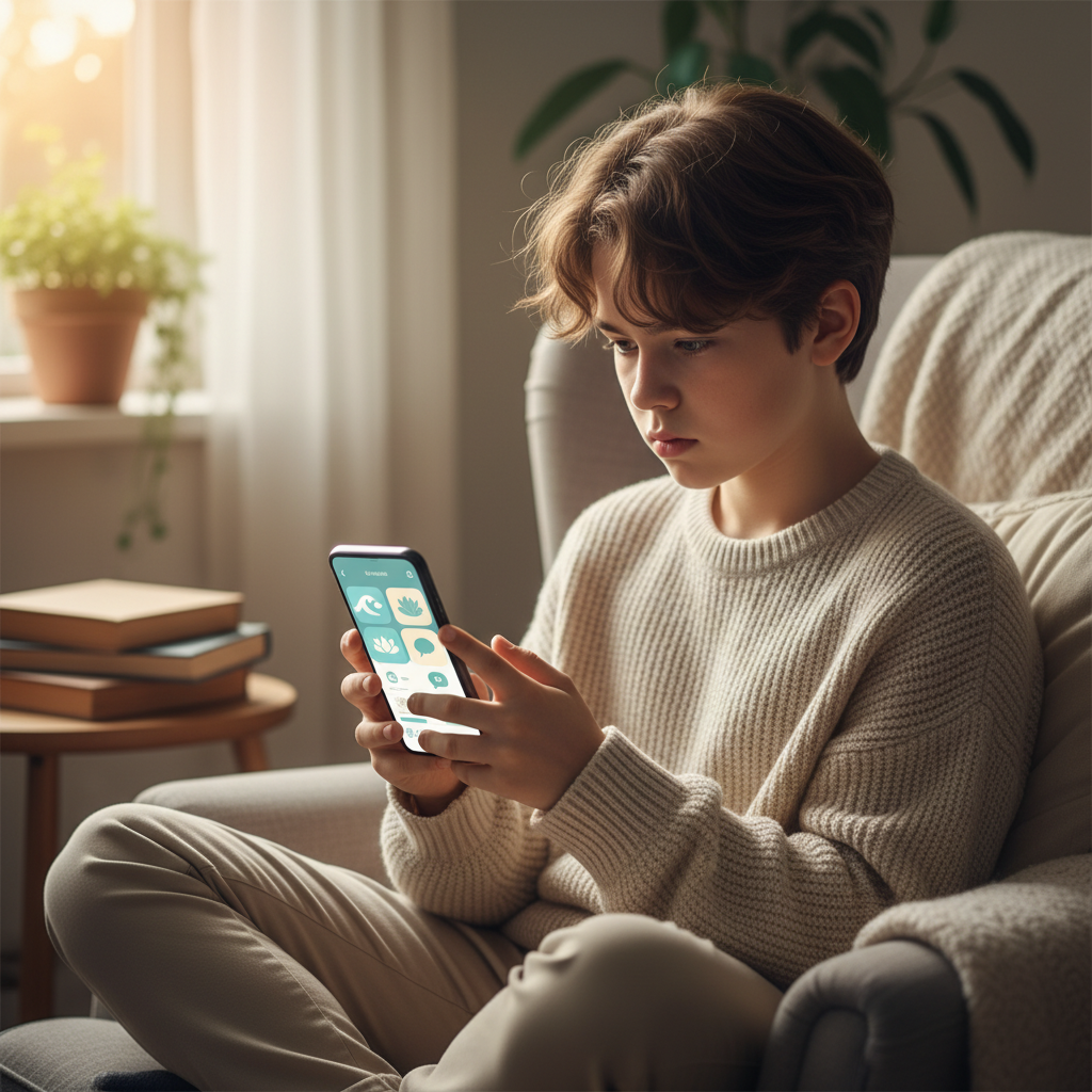 A Korean teenager thoughtfully looking at a smartphone screen, which displays icons related to mental well-being and helpful content. The background is soft and slightly blurred, suggesting a safe, cozy environment. Warm, natural light. Lifestyle photography. No text.
