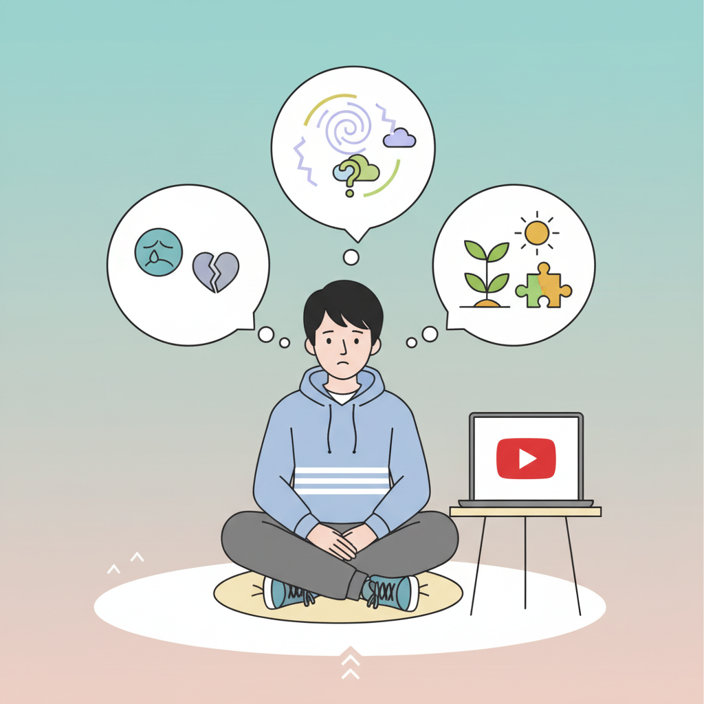 An illustration depicting a Korean teenager sitting, surrounded by thought bubbles containing icons representing sadness, anxiety, and hope. A tablet or laptop nearby shows a YouTube logo, symbolizing seeking information. The overall mood is supportive and thoughtful. Clean infographic style. No text.
