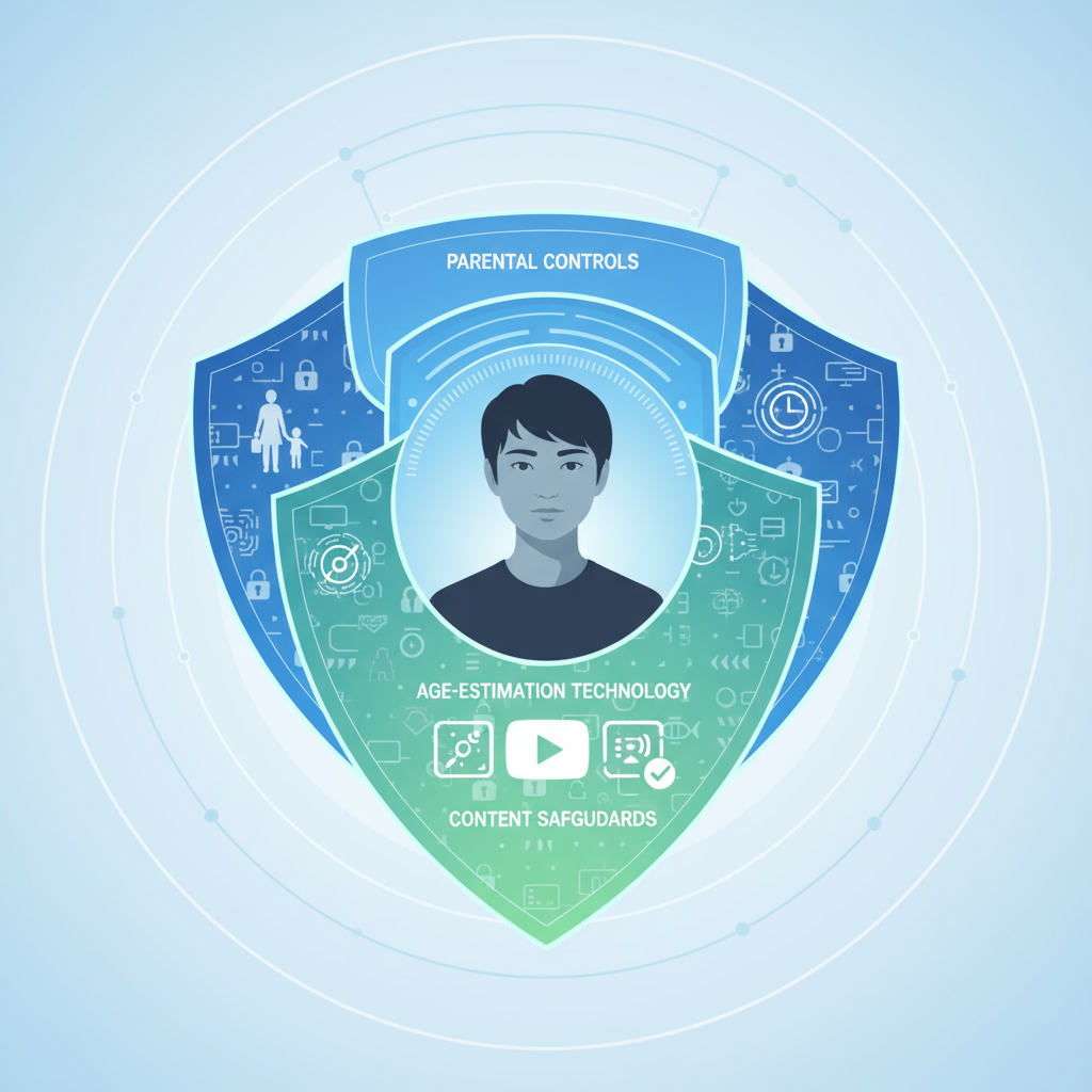 A graphical representation of YouTube's safety features: parental controls, age-estimation technology, and content safeguards, shown as protective shields around a silhouette of a young Korean person. The design is modern and reassuring. Clean infographic. No text.