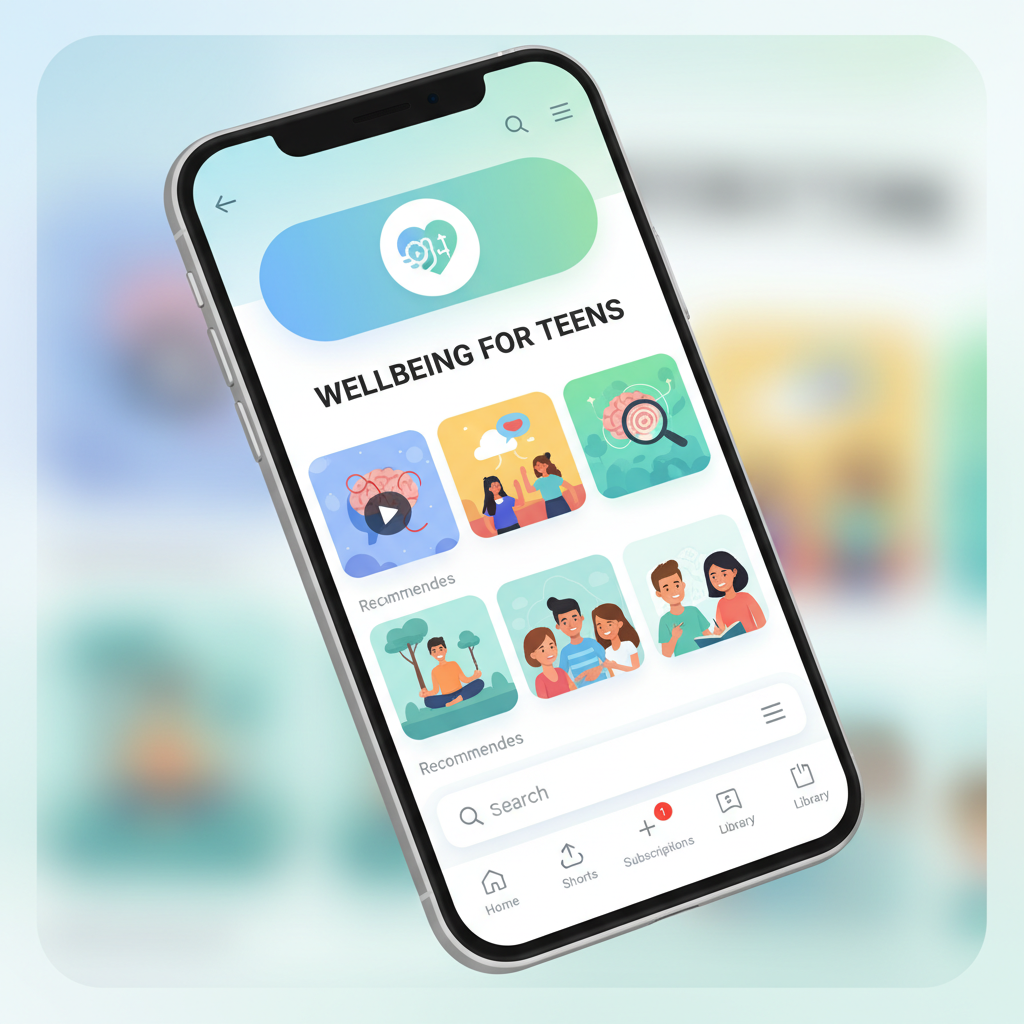 A clean, vibrant infographic showing a smartphone screen with the YouTube interface. On the screen, there's a clear 'mental health' or 'wellbeing for teens' dedicated section with diverse video thumbnails on topics like anxiety, depression, and ADHD. The style is modern and accessible. No text.