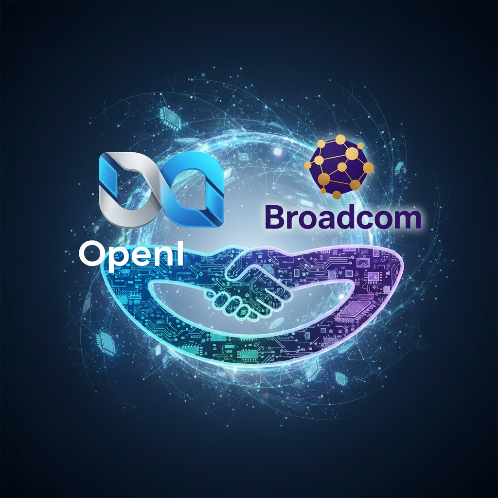 An infographic showing two stylized logos, "OpenAI" and "Broadcom," shaking hands or connected by a circuit board, symbolizing a partnership in AI hardware. Emphasize advanced technology and future collaboration. No text. Clean infographic style.
