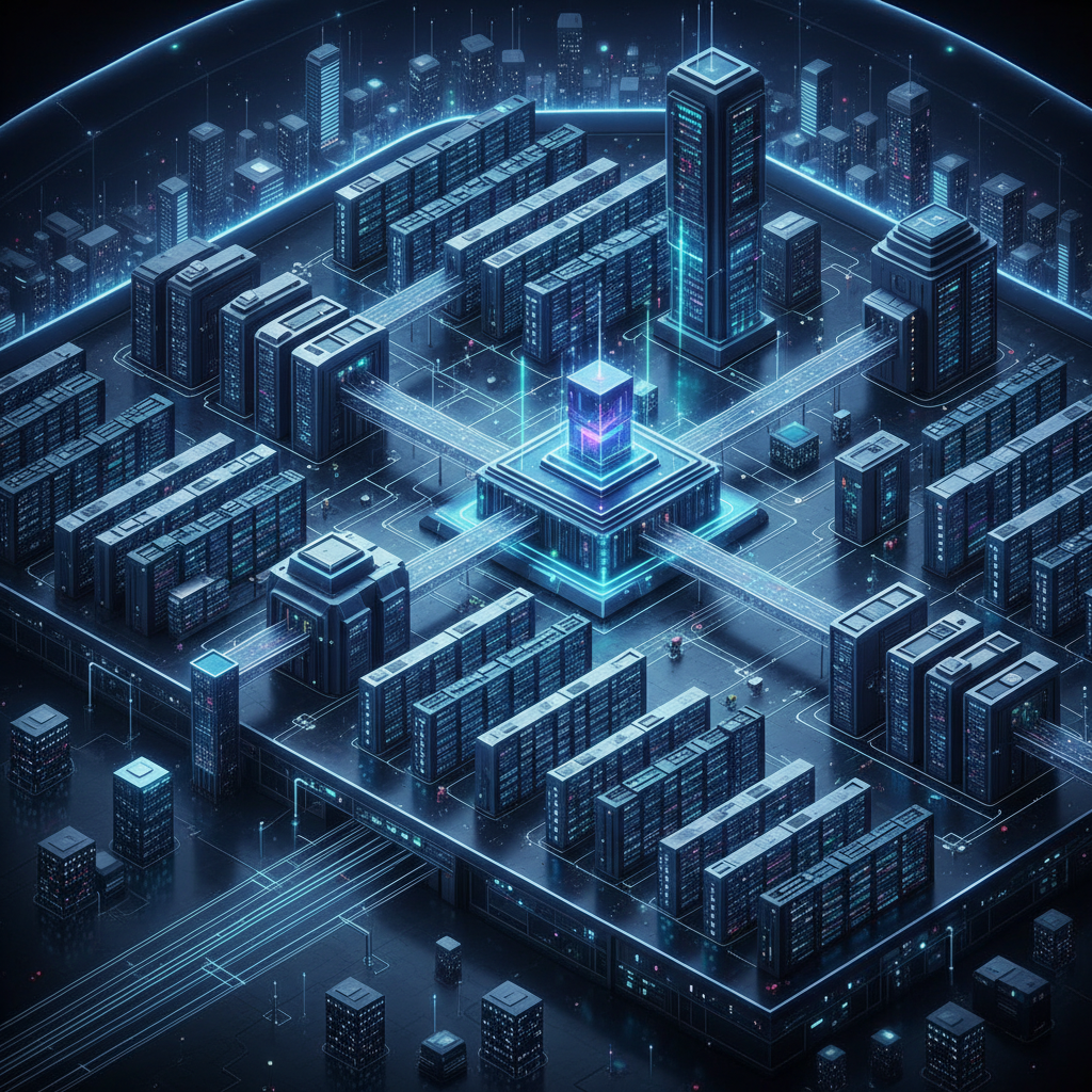 An overhead view of a vast, futuristic data center with rows of glowing server racks, suggesting massive AI infrastructure investment and expansion. Emphasize scale and technology. Clean infographic style. No text.