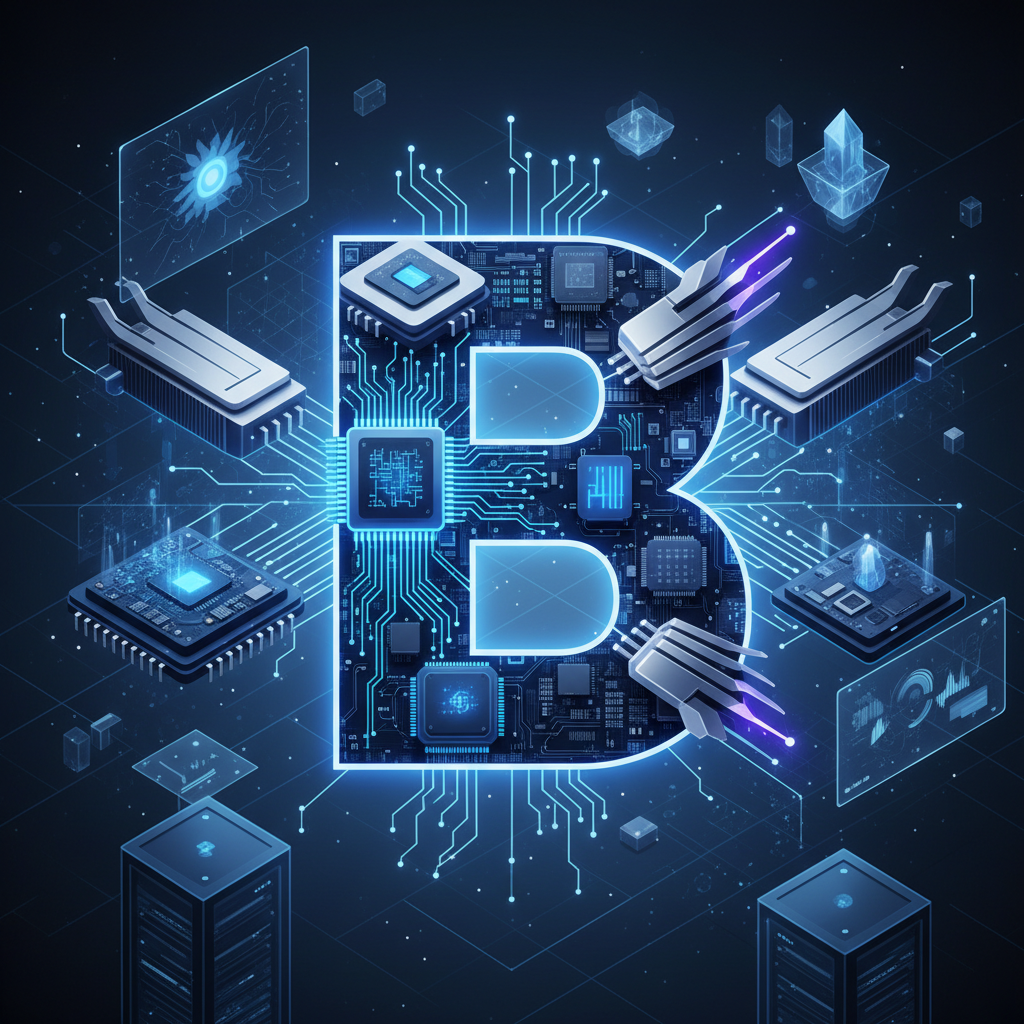 A dynamic illustration of Broadcom's logo integrated with futuristic AI hardware components, representing its strong position and influence in the evolving AI hardware market. Clean infographic style. No text.