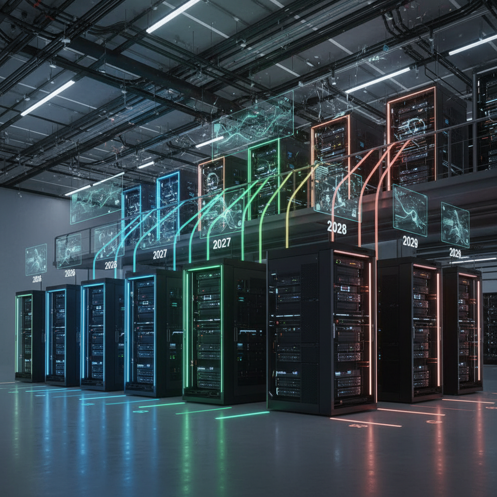 A futuristic data center interior with highly advanced AI accelerator racks being installed, glowing with subtle lights, representing the deployment timeline from 2026 to 2029. Clean infographic style. No text.