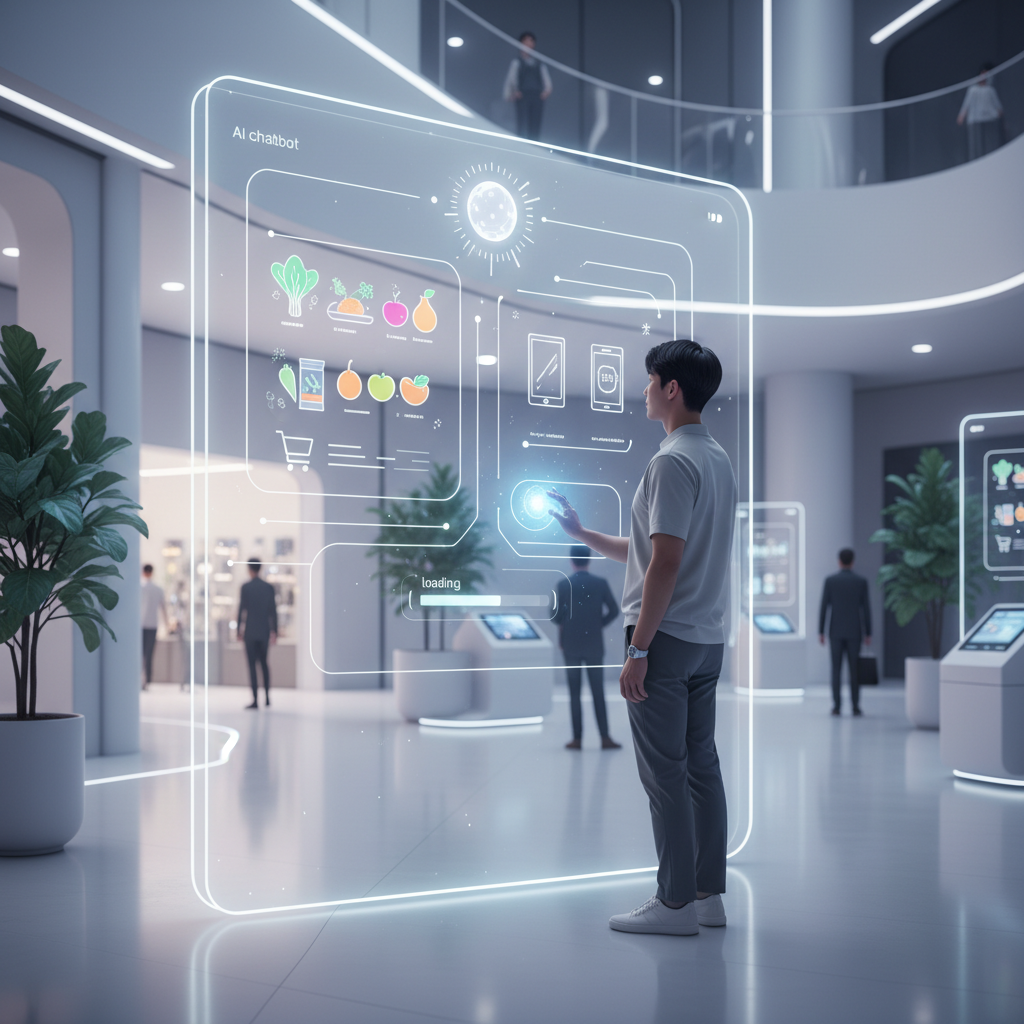 A futuristic shopping scene where a Korean person interacts with an AI chatbot on a transparent screen, displaying various products like groceries and electronics. The overall style is a clean infographic with soft, ambient lighting. No text.