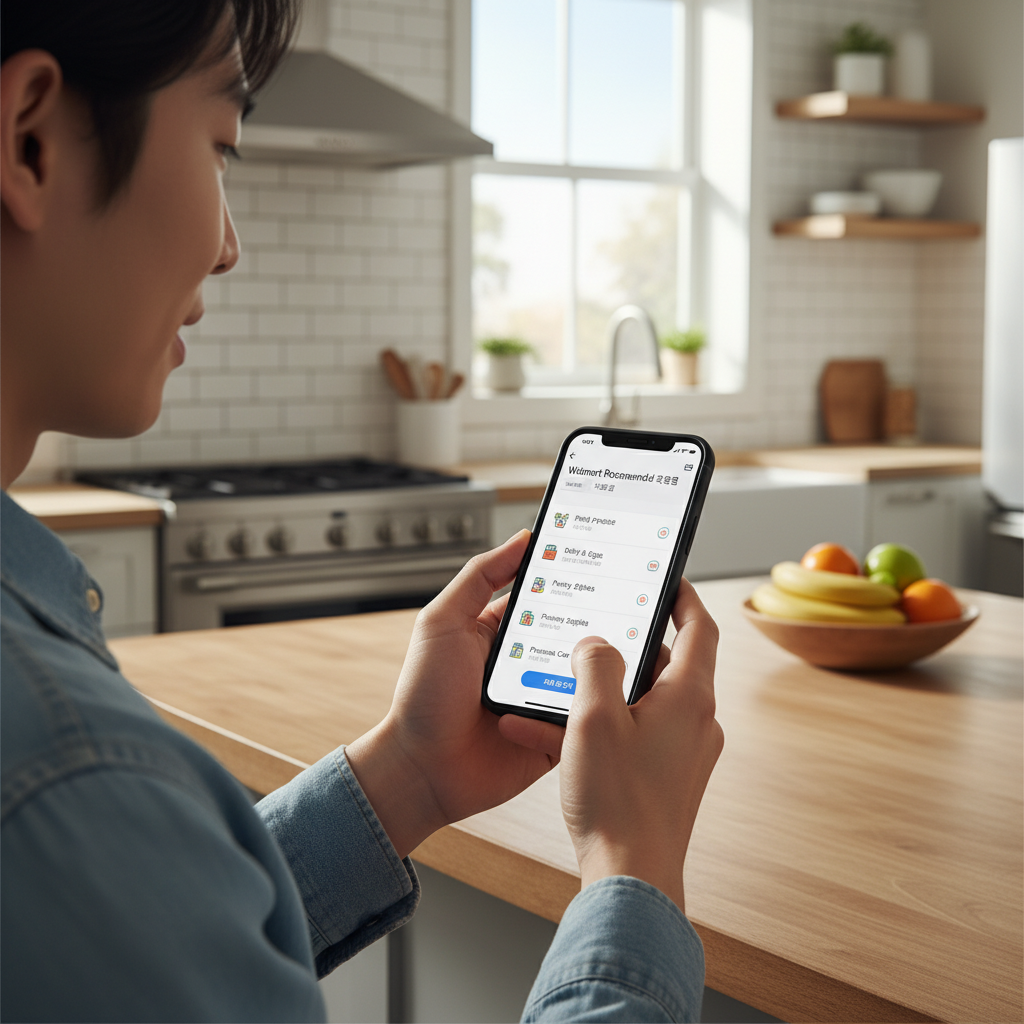 A Korean user smoothly navigating a shopping experience on a mobile phone, with a ChatGPT interface showing suggested Walmart products like groceries and household essentials. The background is a clean, modern kitchen, reflecting lifestyle photography. No text.