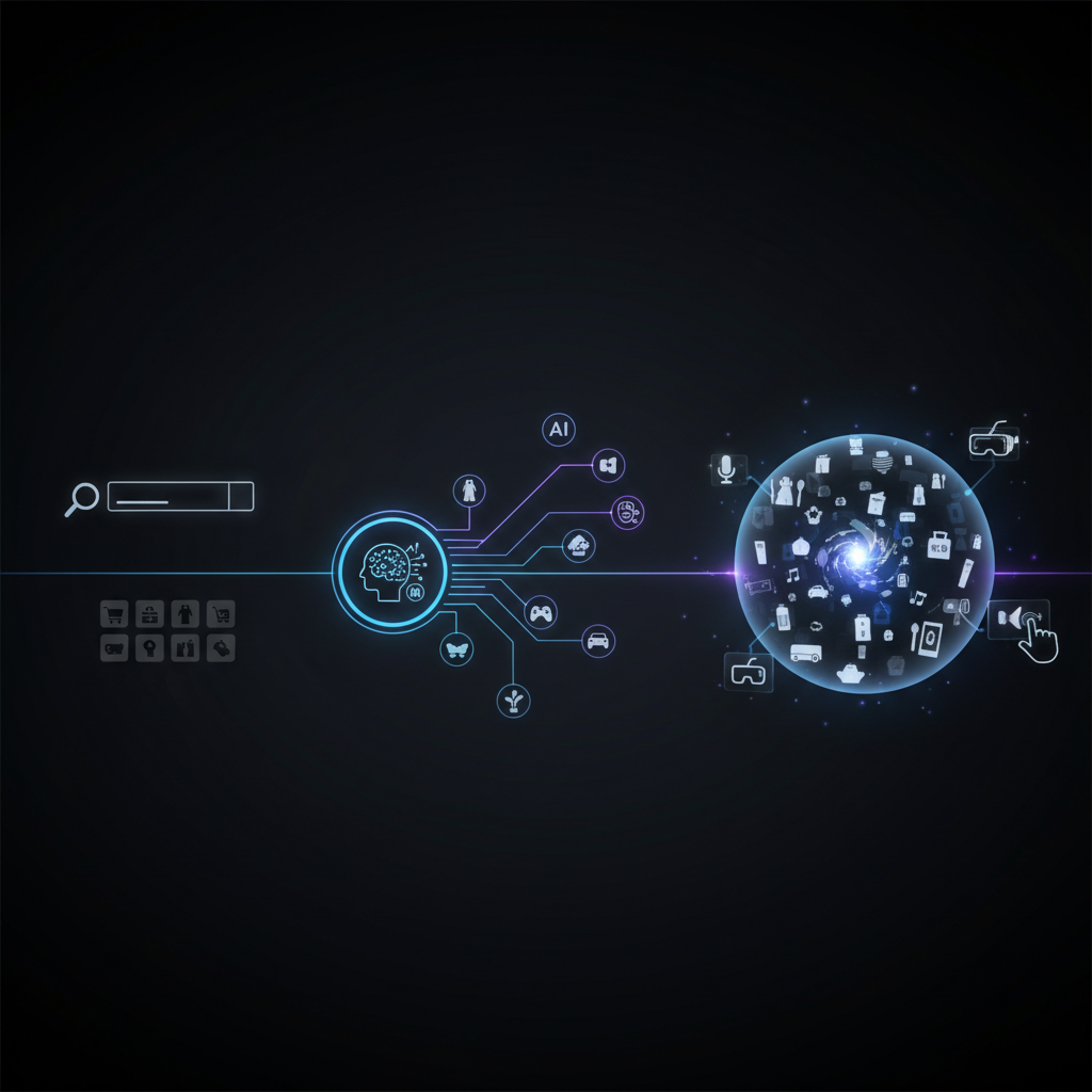 A sleek, futuristic infographic illustrating the evolution of e-commerce from traditional search bars to a multimedia, personalized AI-driven shopping experience. Show various icons representing AI, personalization, and diverse product categories. No text.