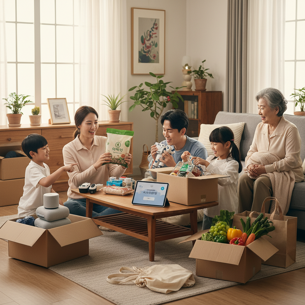 A diverse group of Korean people (e.g., a family, a young professional) in a comfortable home setting, happily unboxing various everyday items and groceries that they purchased through an AI shopping assistant. The scene emphasizes ease, satisfaction, and modern lifestyle. No text.