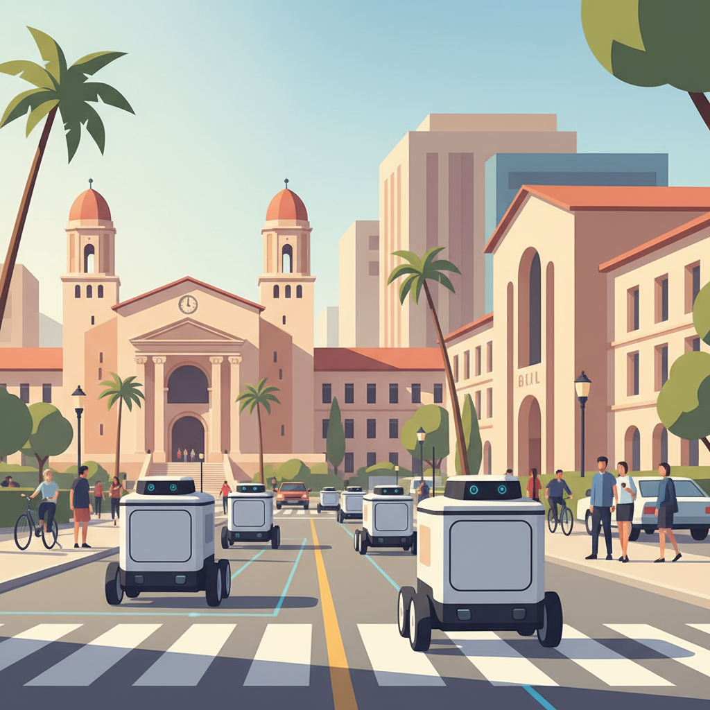 Modern delivery robots navigating busy urban streets with UCLA campus buildings in background, autonomous technology demonstration, clean infographic style with natural lighting, no text