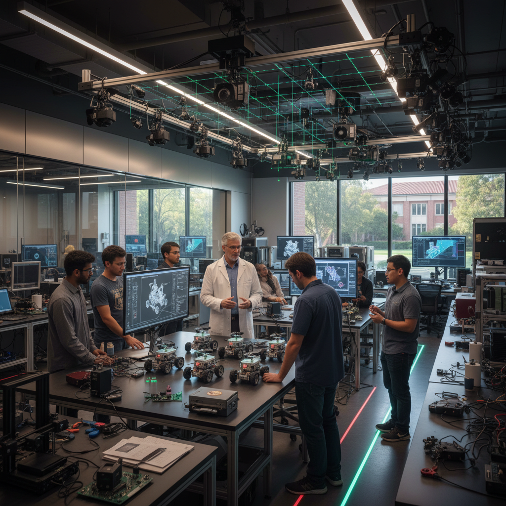 Advanced robotics laboratory at UCLA with professor and researchers working on small delivery robots, computer vision equipment, modern research facility atmosphere, lifestyle photography, no text