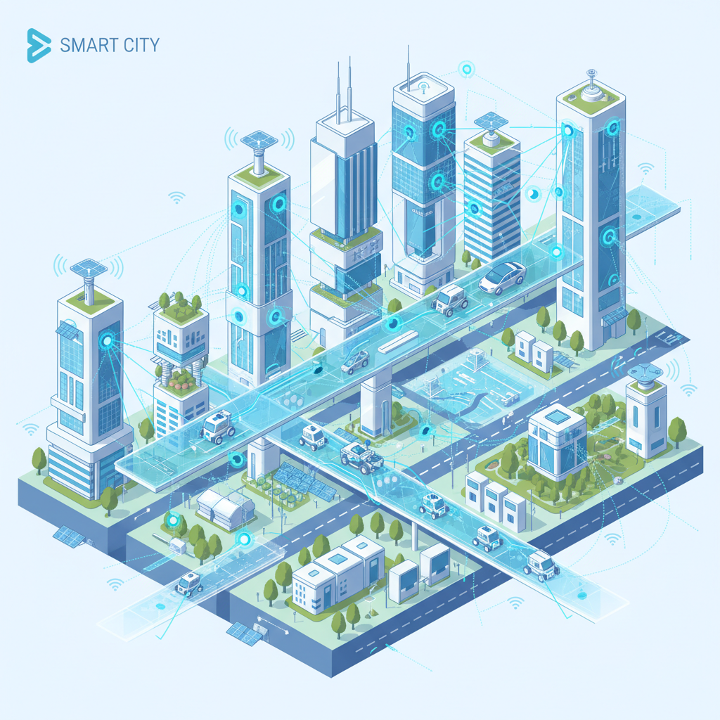 Smart city infrastructure with delivery robots seamlessly integrated into urban environment, IoT sensors and connectivity visualization, futuristic urban planning concept, clean infographic style, no text