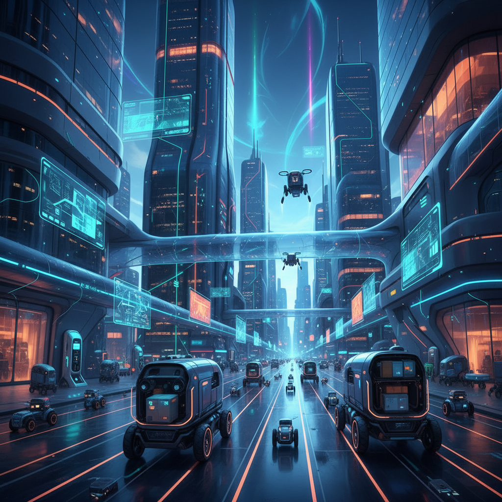 Futuristic cityscape with multiple autonomous delivery robots efficiently navigating streets, advanced AI technology integration, smart urban logistics network, illustration style with vibrant colors, no text