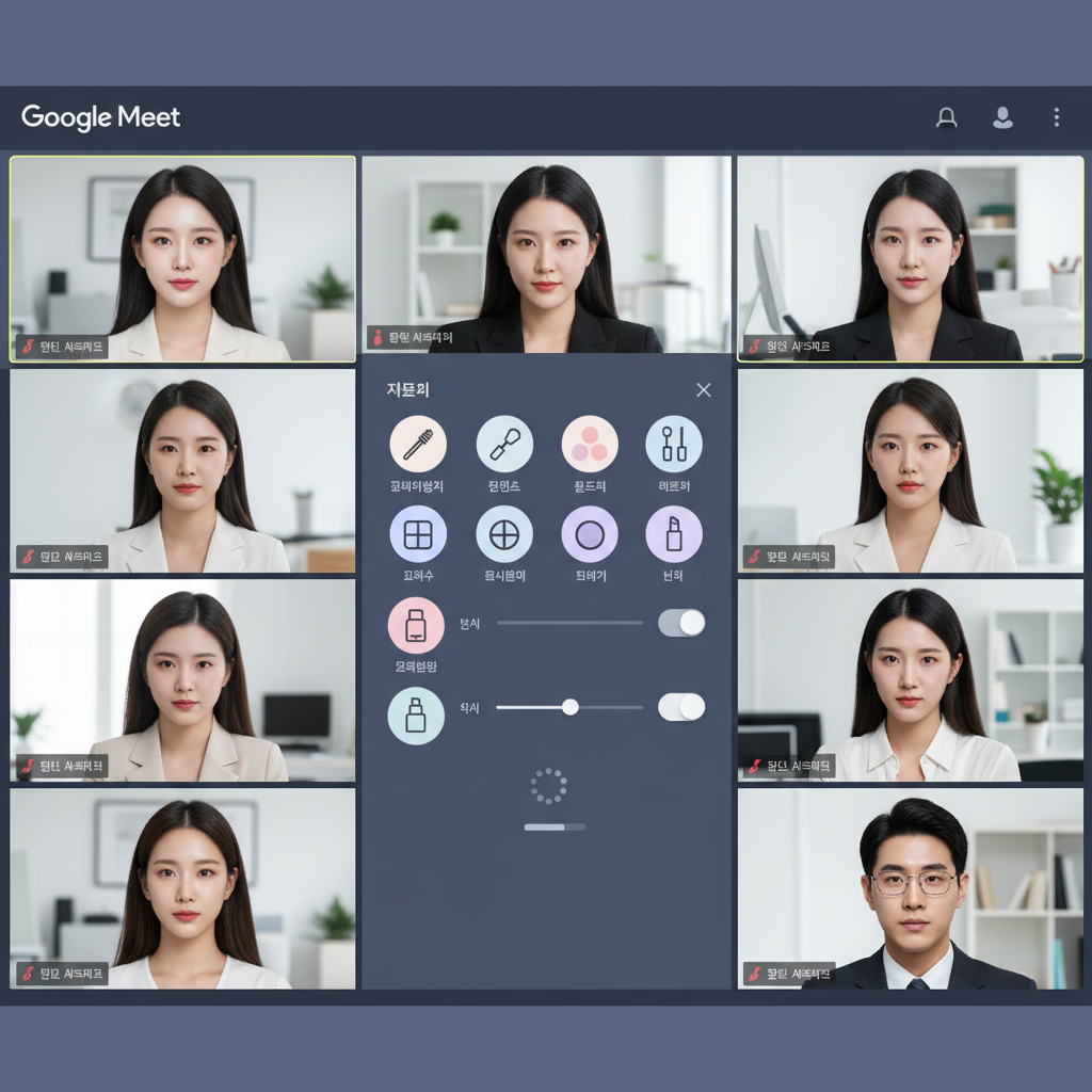 A diverse group of Korean professionals having a video conference call on Google Meet, with subtle AI-powered makeup enhancements visible on their faces. The interface of Google Meet is clear, showing various virtual makeup options. The overall style is clean infographic, no text.