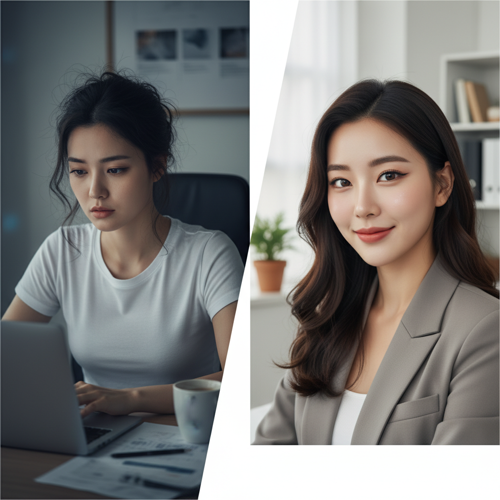 A split screen showing two Korean women participating in a video conference. On one side, a woman is looking tired. On the other side, the same woman looks fresh and professionally made up, thanks to a subtle AI makeup filter. The style is clean infographic, no text.