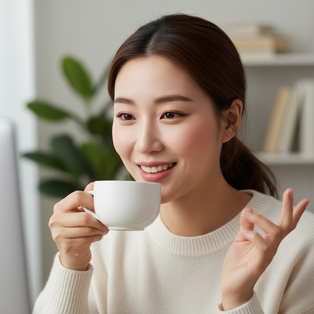 A close-up shot of a Korean woman talking and gesturing naturally during a video call. Her virtual AI makeup perfectly stays on her face, even as she sips coffee. The image emphasizes the seamless integration of the makeup with facial movements, showcasing realistic detail. Lifestyle photography style, no text.