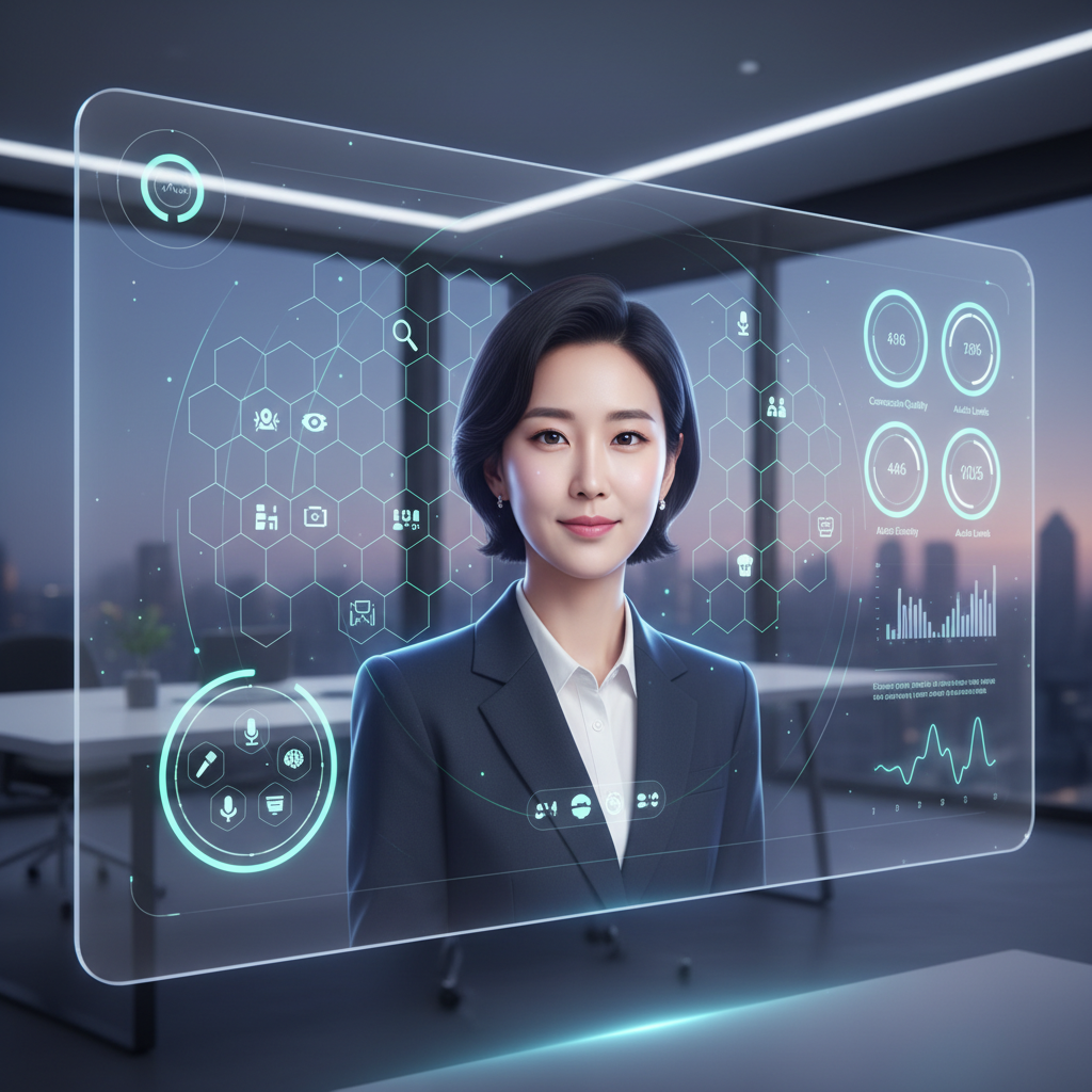 A sleek, futuristic video conferencing interface on a large screen, with various AI enhancement options clearly visible as subtle icons. A Korean user on the screen looks confident and polished with AI-powered enhancements. The overall aesthetic is clean and innovative, with a focus on user experience. Clean infographic style, no text.
