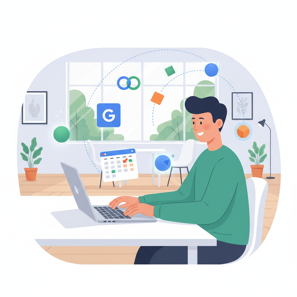 A clean infographic showing a person happily scheduling meetings on a laptop with Google Calendar and Gemini icons floating around, symbolizing smart AI assistance. Modern office setting, natural lighting, no text.