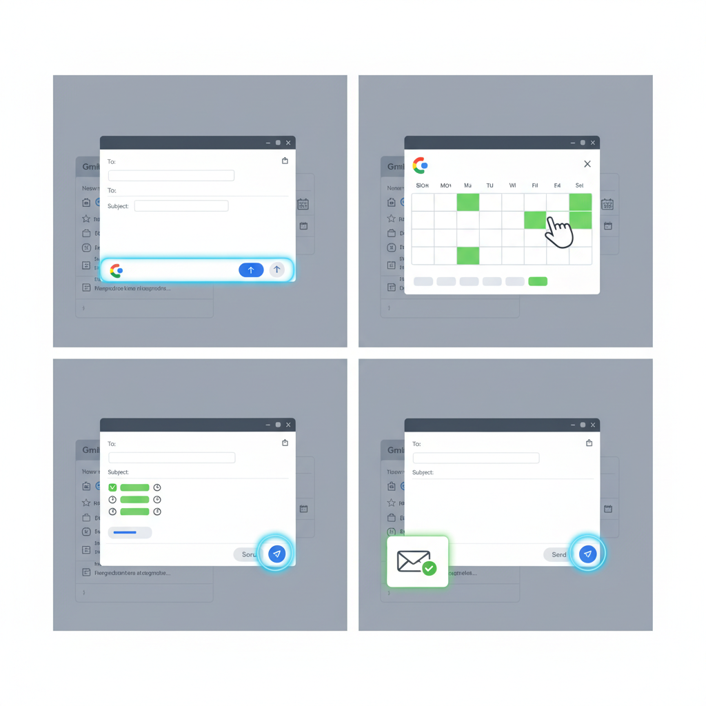 A series of clean, step-by-step infographic illustrations showing how to schedule a meeting using Google Gemini in Gmail. It visually depicts clicking the "Help me schedule" button, selecting time slots from a calendar, and sending the email. User-friendly interface, no text.