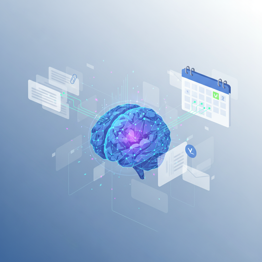 An illustration depicting Google Gemini's AI analyzing email text to understand meeting context. A virtual brain or neural network visually connecting email content to a calendar, suggesting smart time slots. Clean, digital art style, no text.