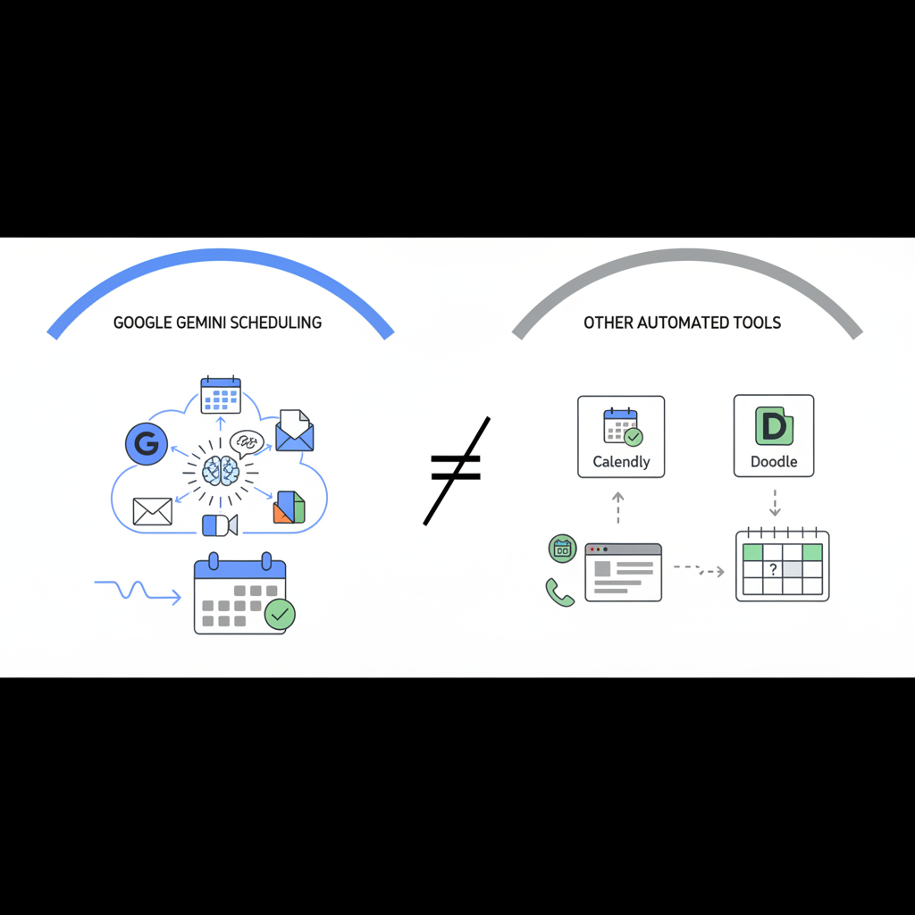 A comparative infographic illustrating the differences between Google Gemini's scheduling feature and other automated tools like Calendly or Doodle. Highlight Gemini's seamless integration within Google Workspace and its AI context-understanding capability. Clean design, no text.