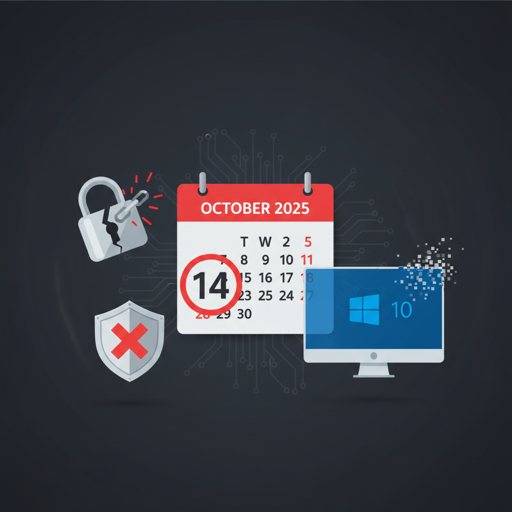An infographic showing a calendar with October 14, 2025 highlighted, representing the end of Windows 10 support. Around it are icons depicting security risks like a padlock with a broken chain and a shield with a red cross, alongside a computer screen showing the Windows 10 logo fading. The overall style is clean and informative with a serious tone. No text.