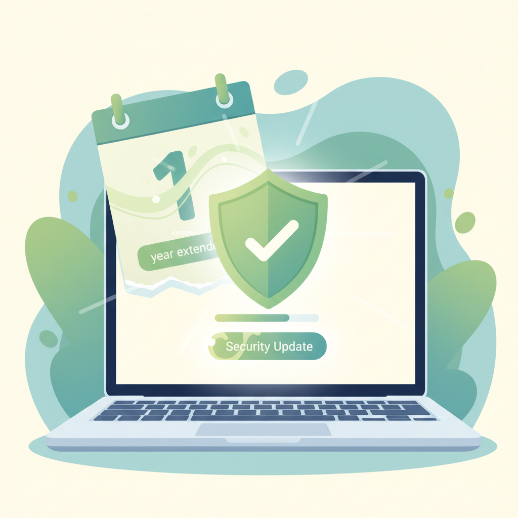 A stylized illustration of a laptop screen displaying a 'Security Update' notification, with a green shield icon. Behind the laptop, a calendar page shows '1 year extended'. The scene suggests extended support and safety, using soft, reassuring colors. No text.