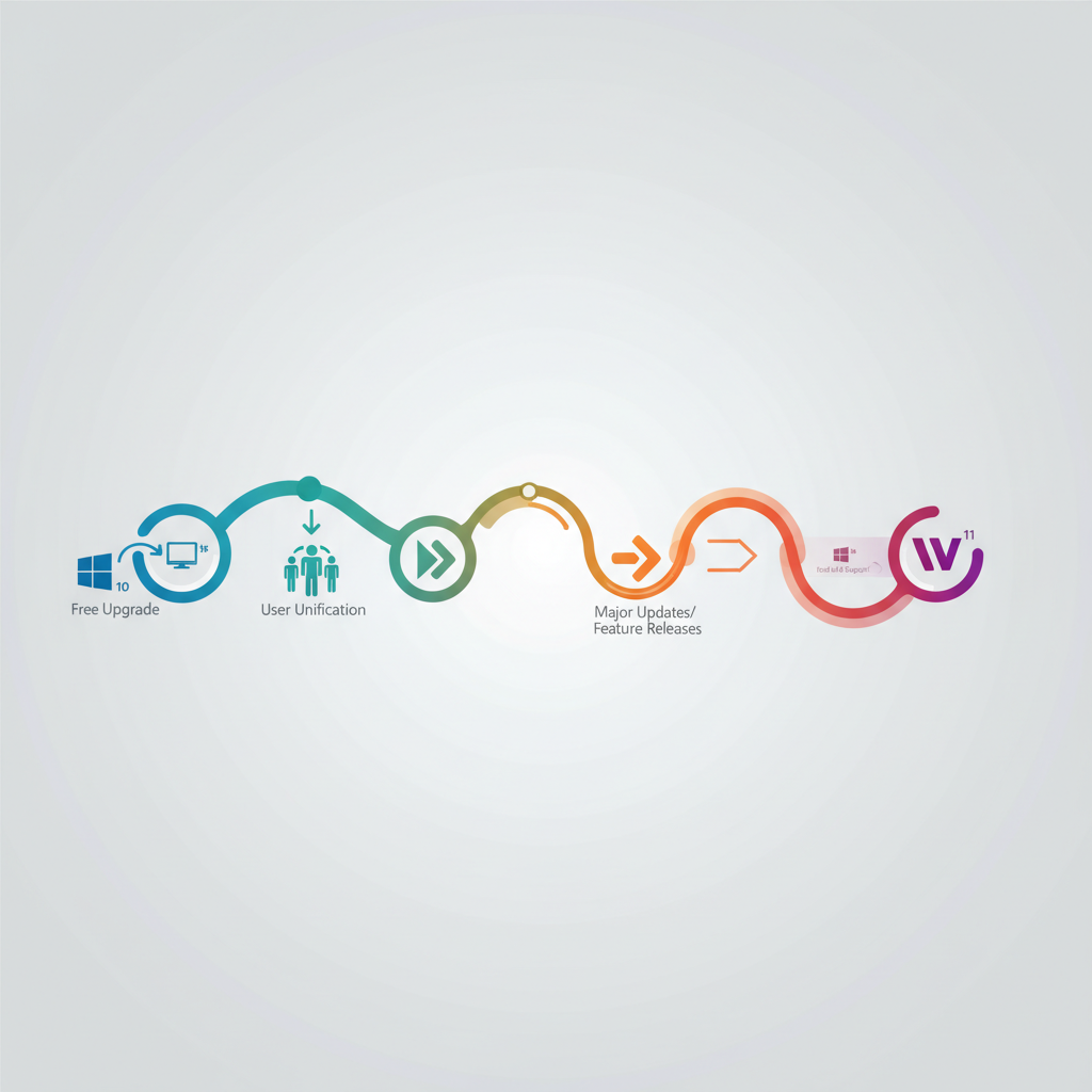 A timeline infographic illustrating the evolution of Windows 10 from its initial release in 2015 to its final versions, showing key milestones like free upgrades, unification of users, and the eventual transition leading to Windows 11. Use clean lines and subtle color changes to represent progress. No text.