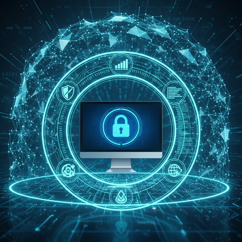A digital landscape showing multiple security layers protecting a computer. Icons representing antivirus software, firewalls, and secure browsing are arranged around a central PC monitor displaying a lock icon. The atmosphere is secure and futuristic, with blue and green hues. No text.