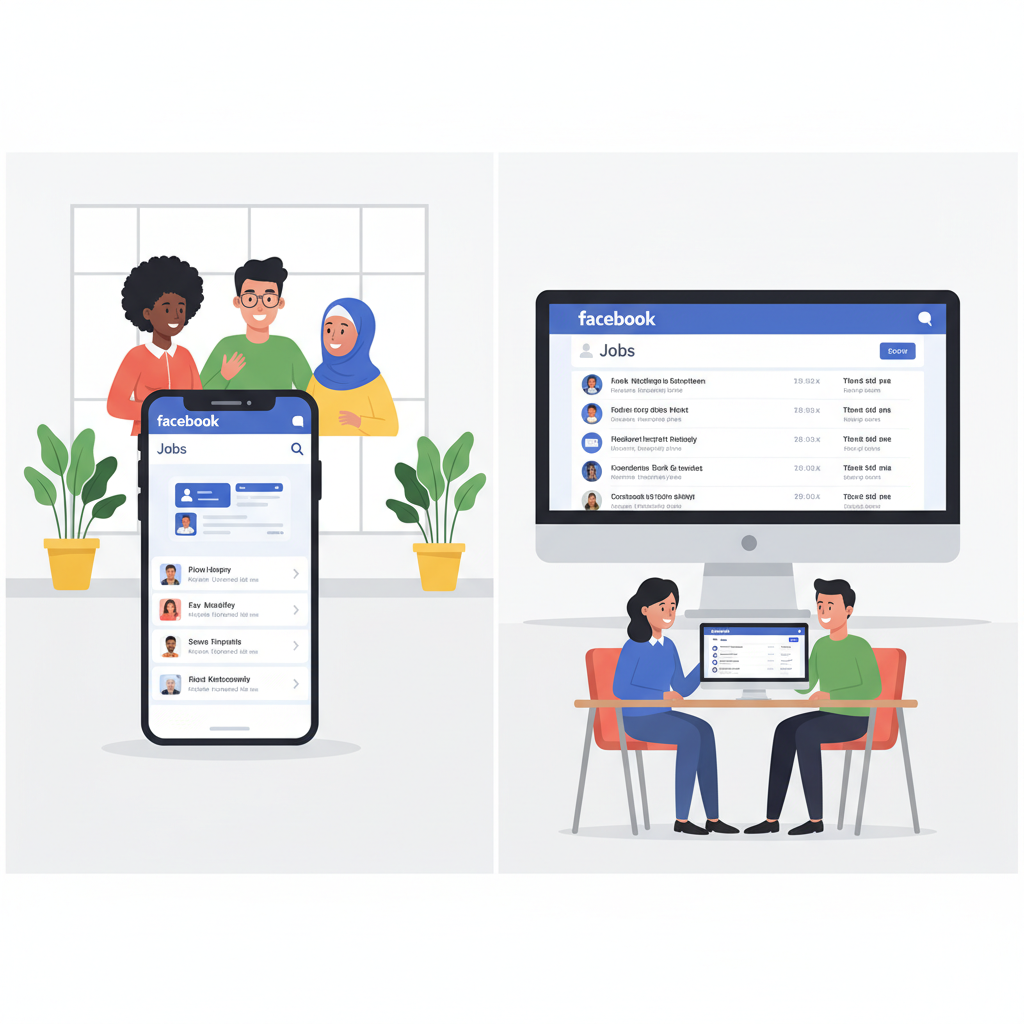 A clean infographic-style illustration showing Facebook's job listings feature on mobile and desktop screens, with diverse people browsing job opportunities, modern office setting, bright lighting, professional atmosphere, no text