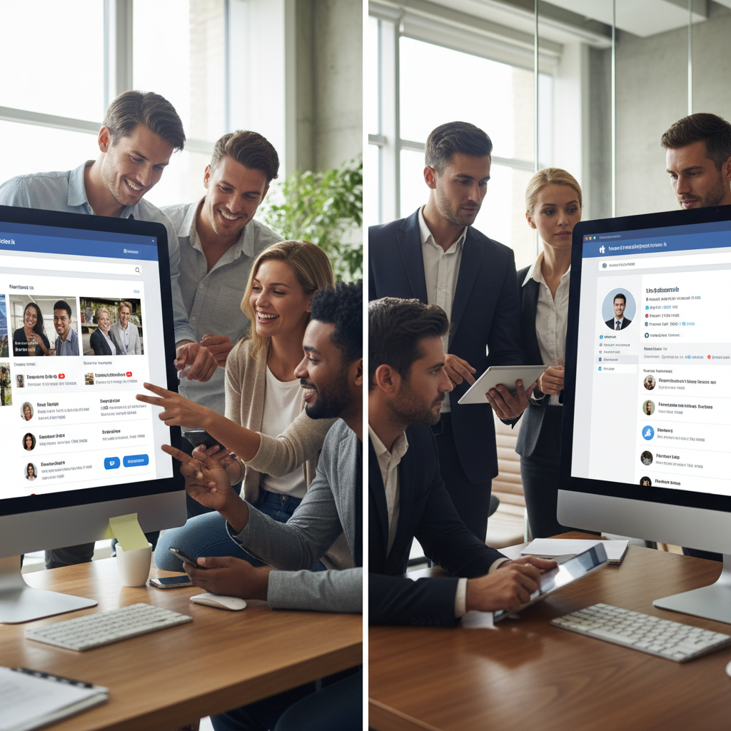 Split-screen comparison showing Facebook and LinkedIn platforms side by side, professional networking concept, business people using both platforms, modern workplace environment, natural lighting, no text