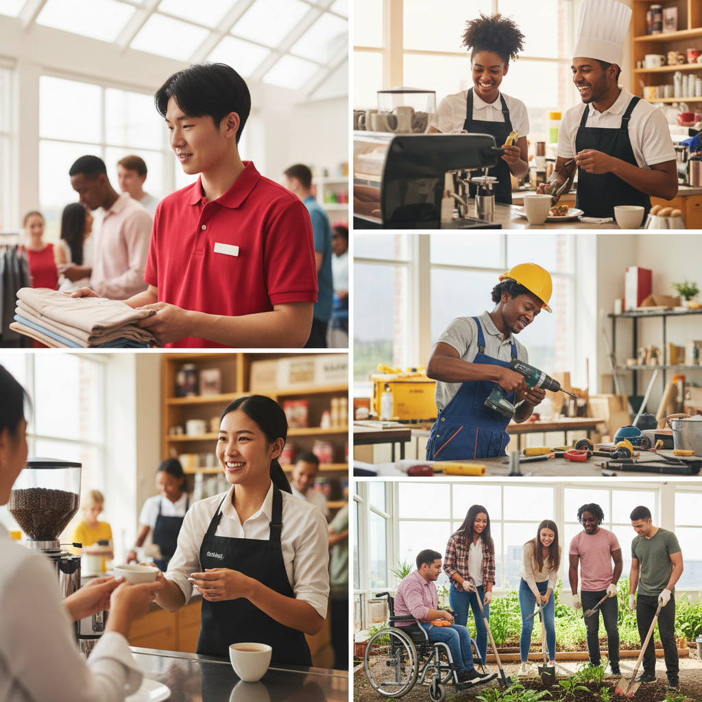 Diverse group of people working in various entry-level and service jobs including retail, food service, and trade work, vibrant workplace scenes, natural lighting, positive atmosphere, no text